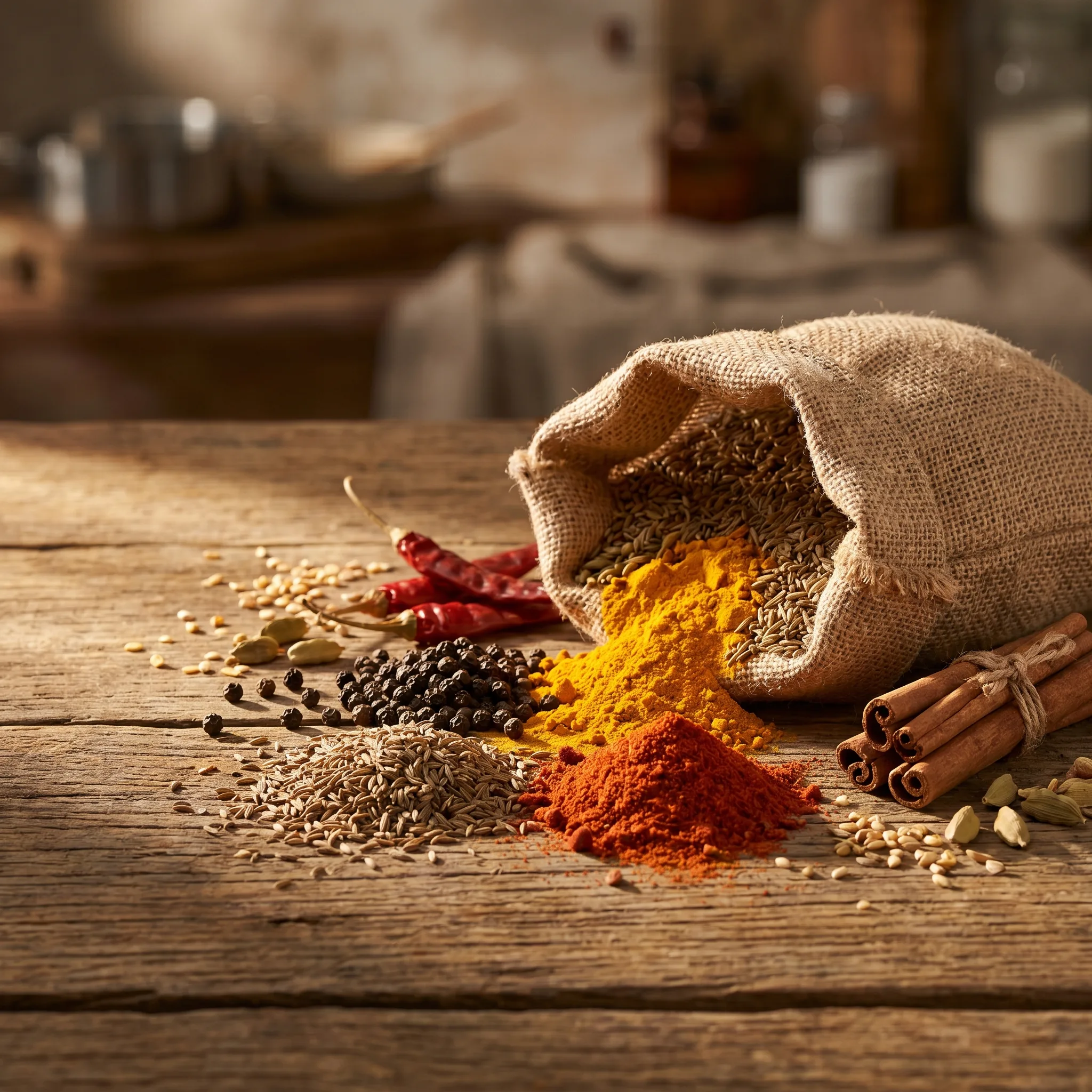 A burlap sack tipped over on a wooden table, spilling turmeric, chilli, cumin and whole spices