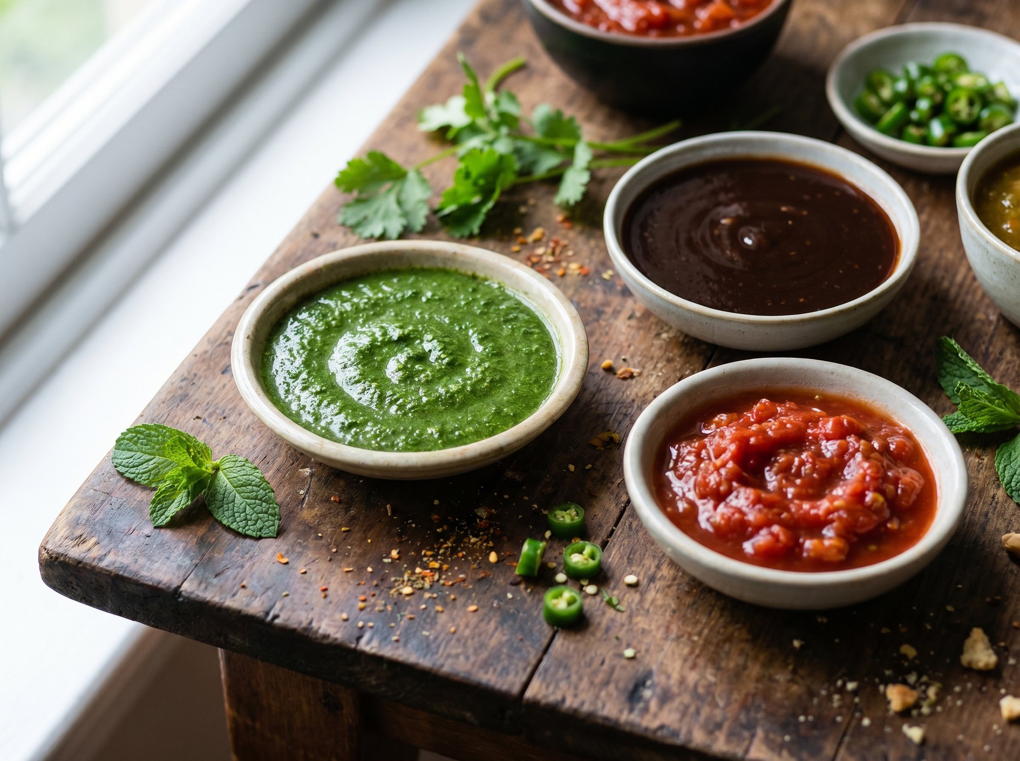 Bowls of colourful Indian chutneys and sauces