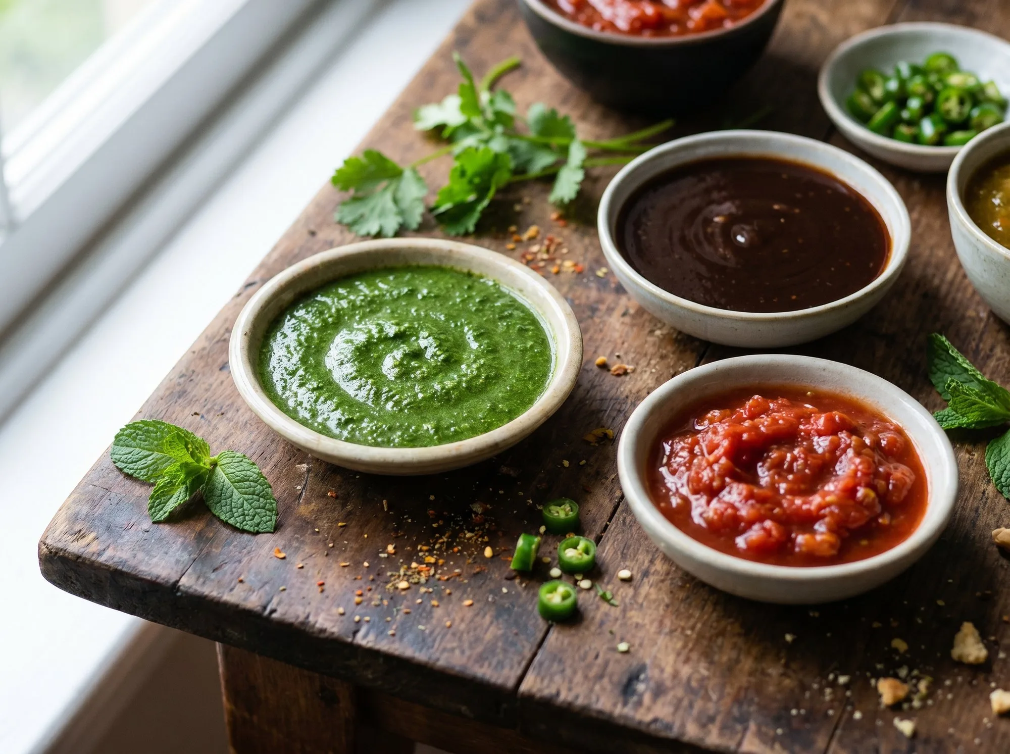 Bowls of colourful Indian chutneys and sauces