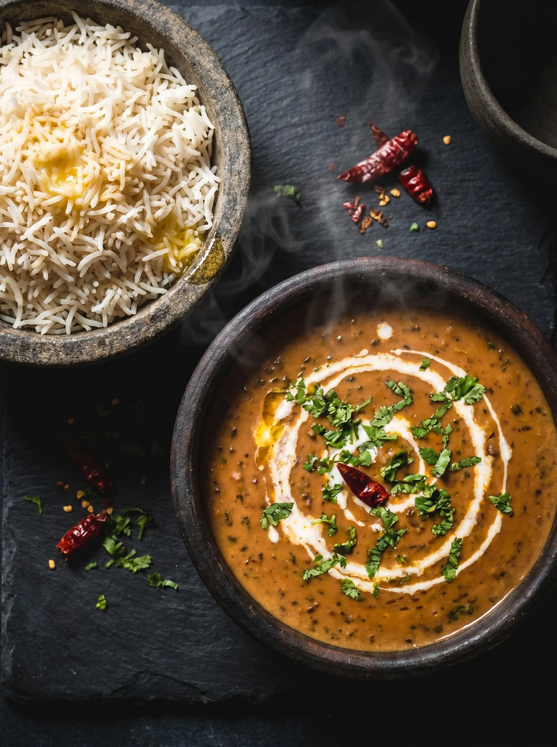 Dal makhani with basmati rice in rustic clay bowls