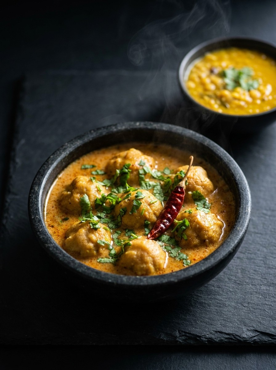 Jain gatte ki sabzi in a dark stone bowl with fresh coriander