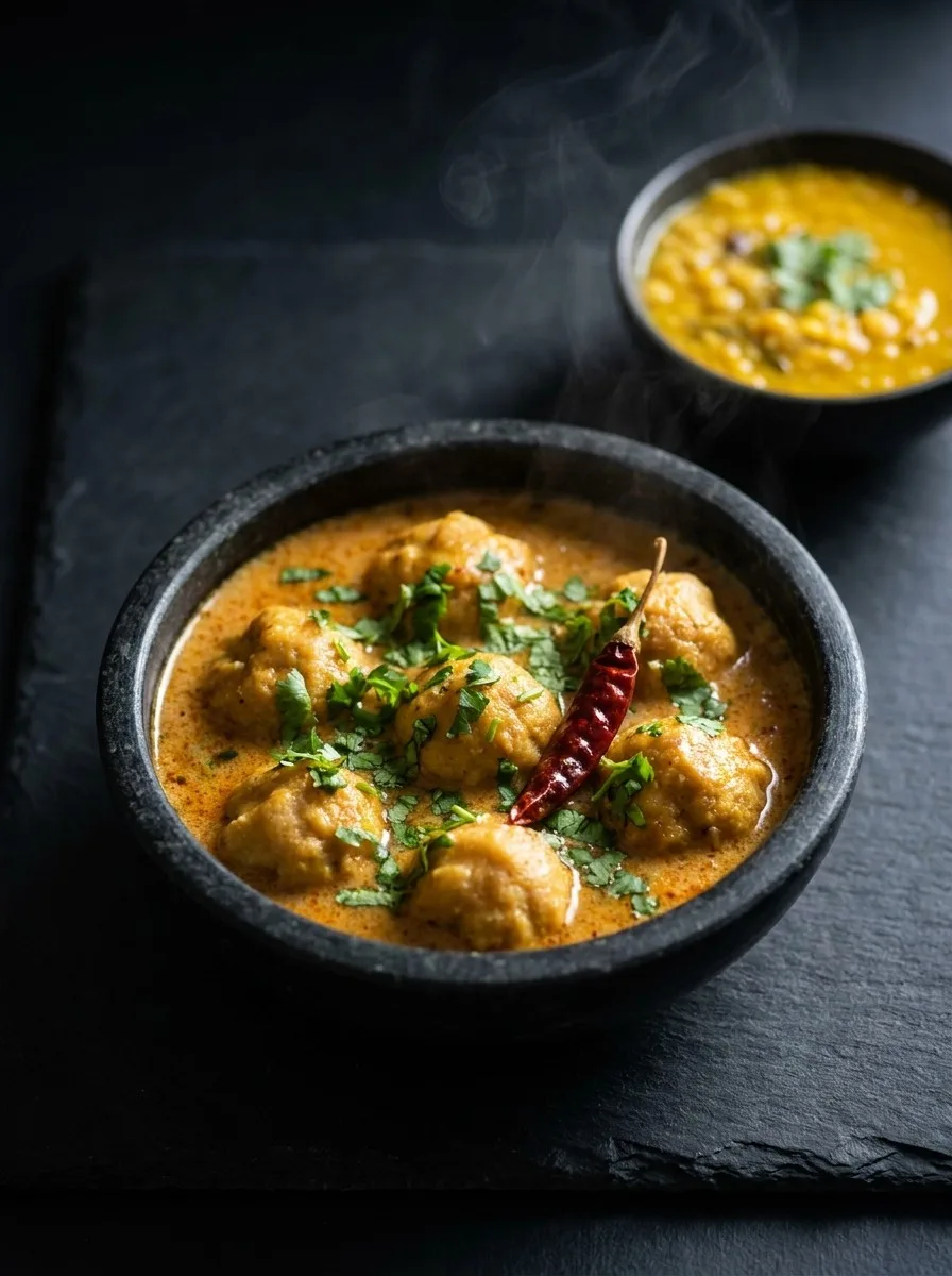 Jain gatte ki sabzi in a dark stone bowl with fresh coriander