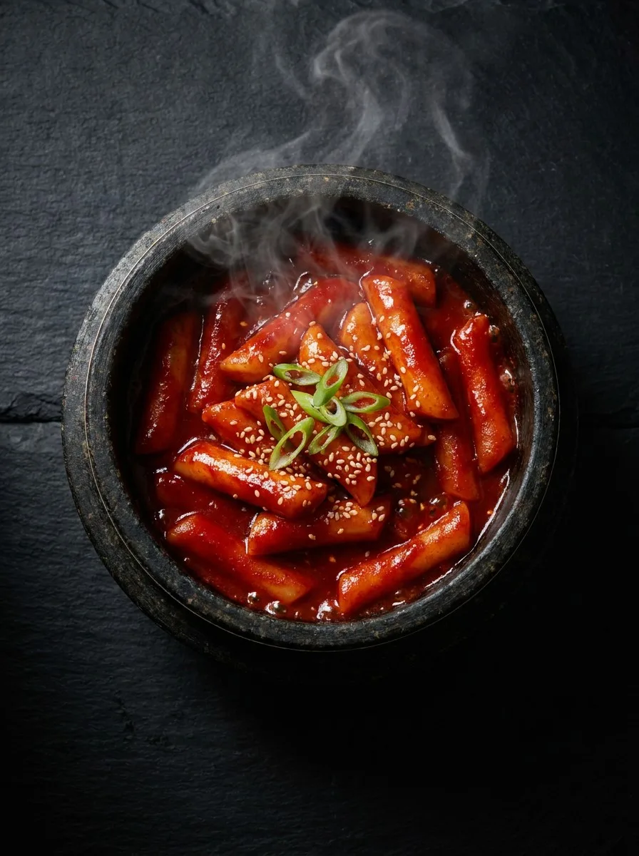 Tteokbokki rice cakes in vivid gochujang sauce in a dark stone bowl