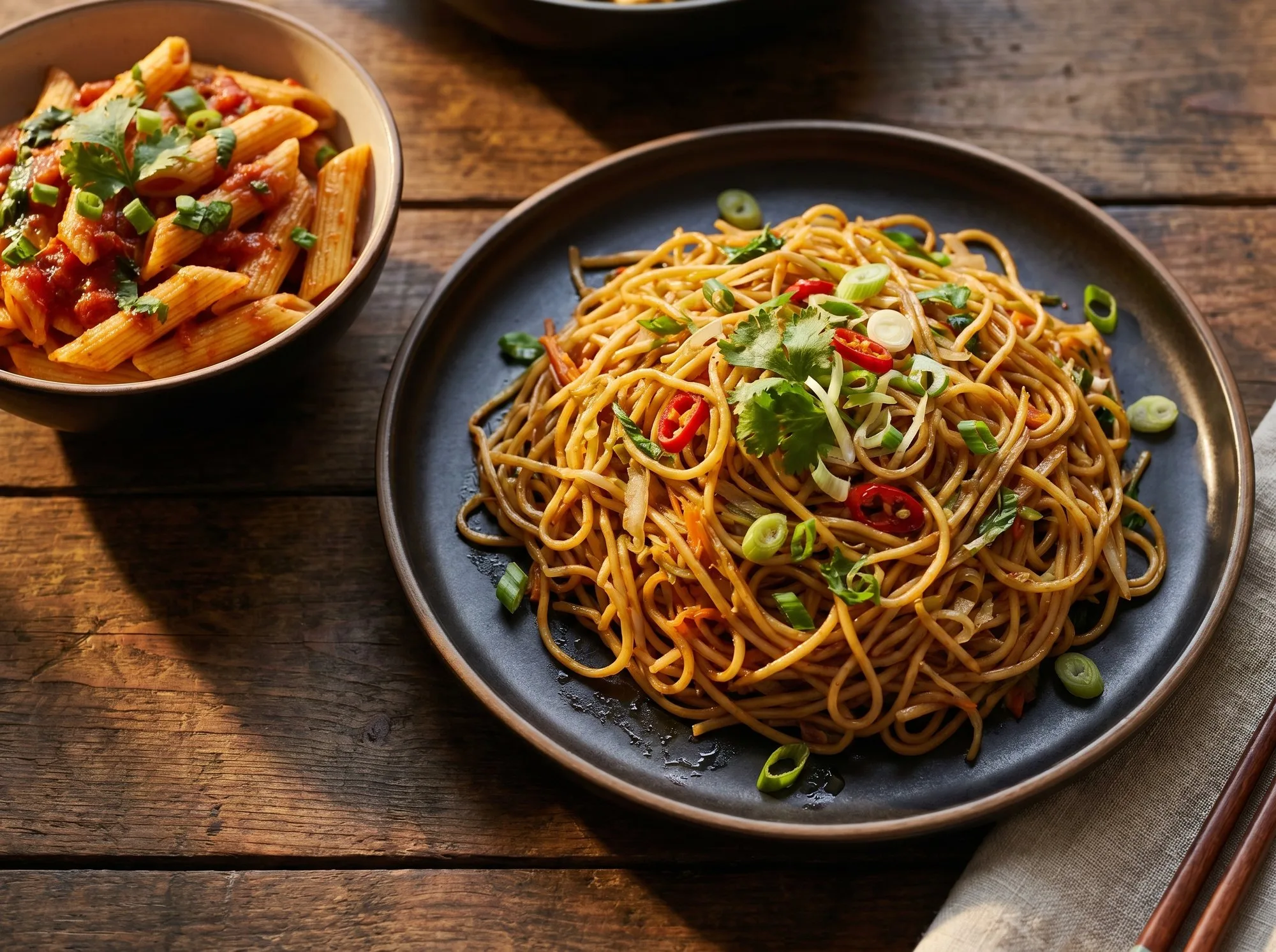Plate of Indo-Chinese noodles and a bowl of pasta