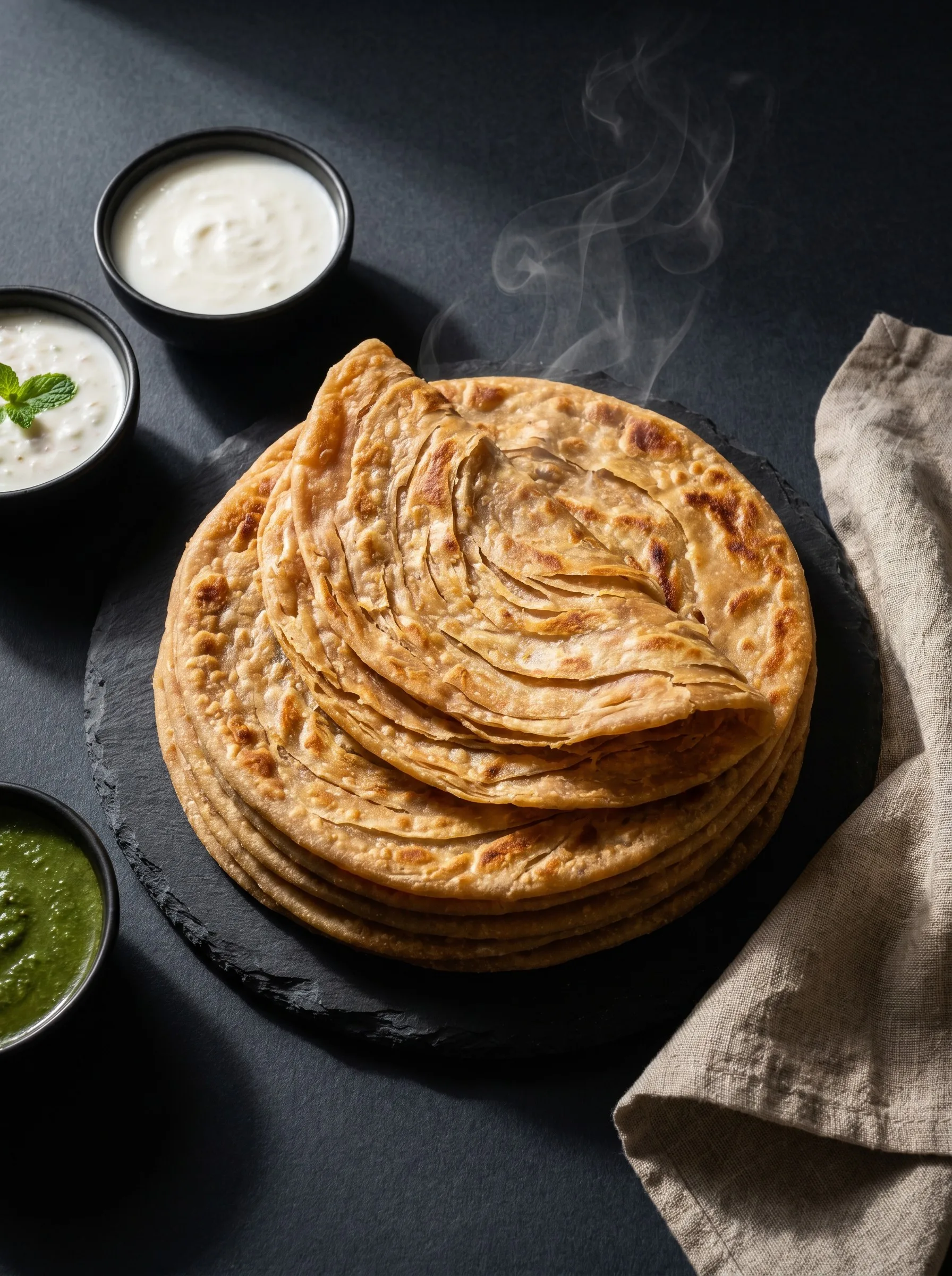 Golden layered whole wheat parathas on a dark slate plate