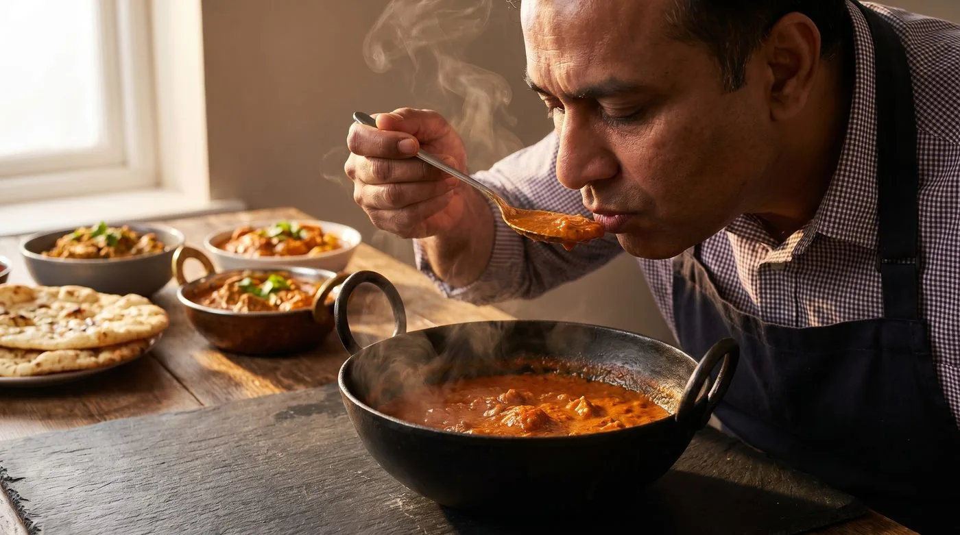 A chef tasting base gravy from a karahi, finished dishes blurred in the background