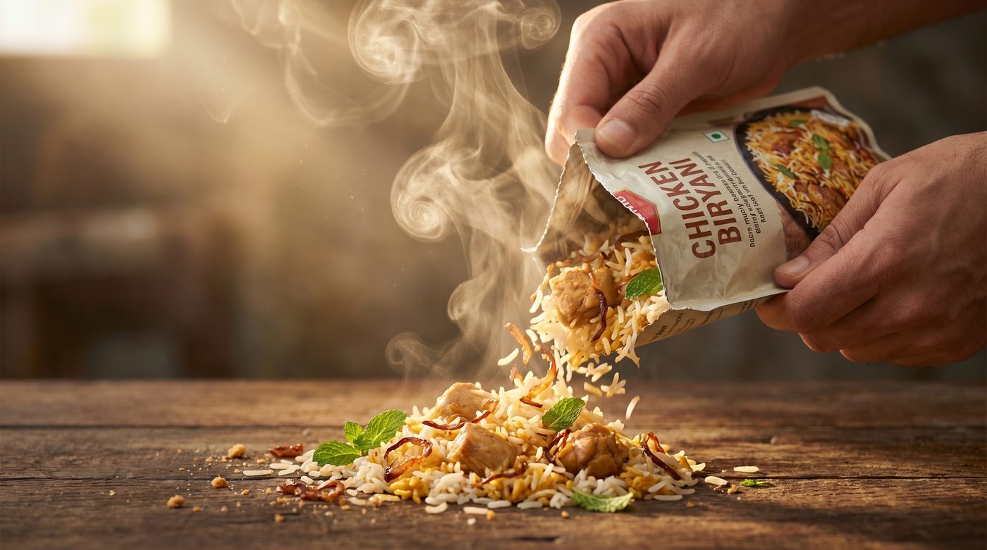 A sealed biryani pack torn open with steam and distinct rice grains spilling out