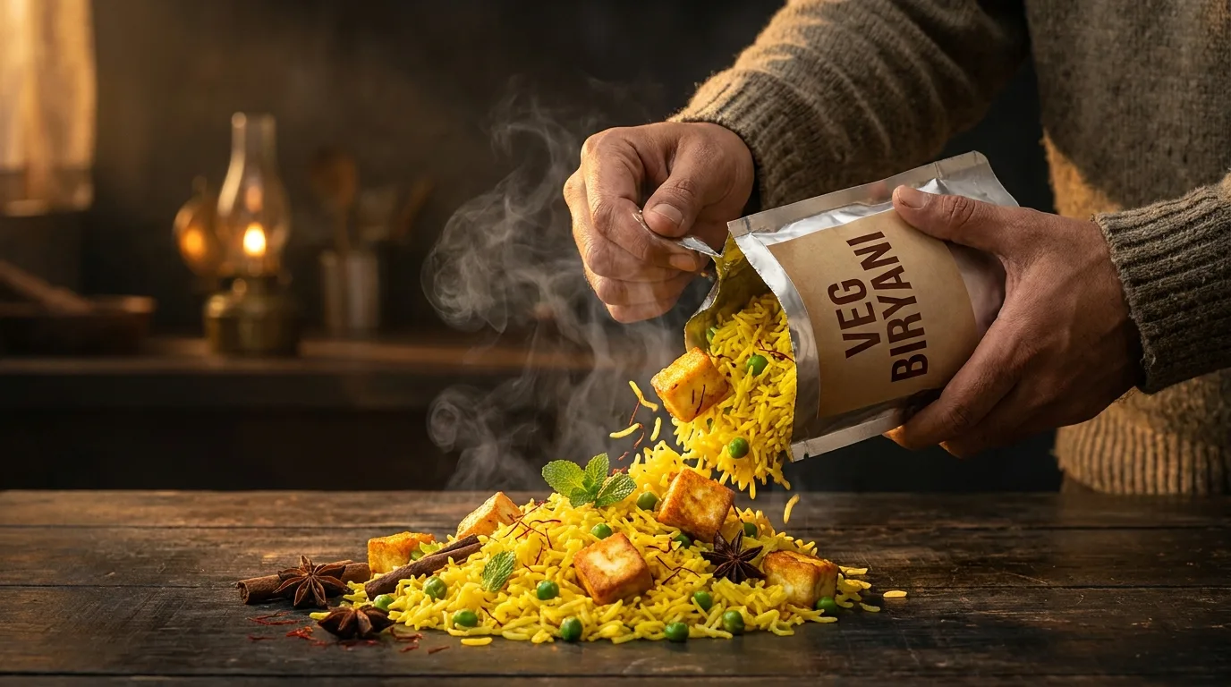 A sealed biryani pack torn open with steam and distinct rice grains spilling out