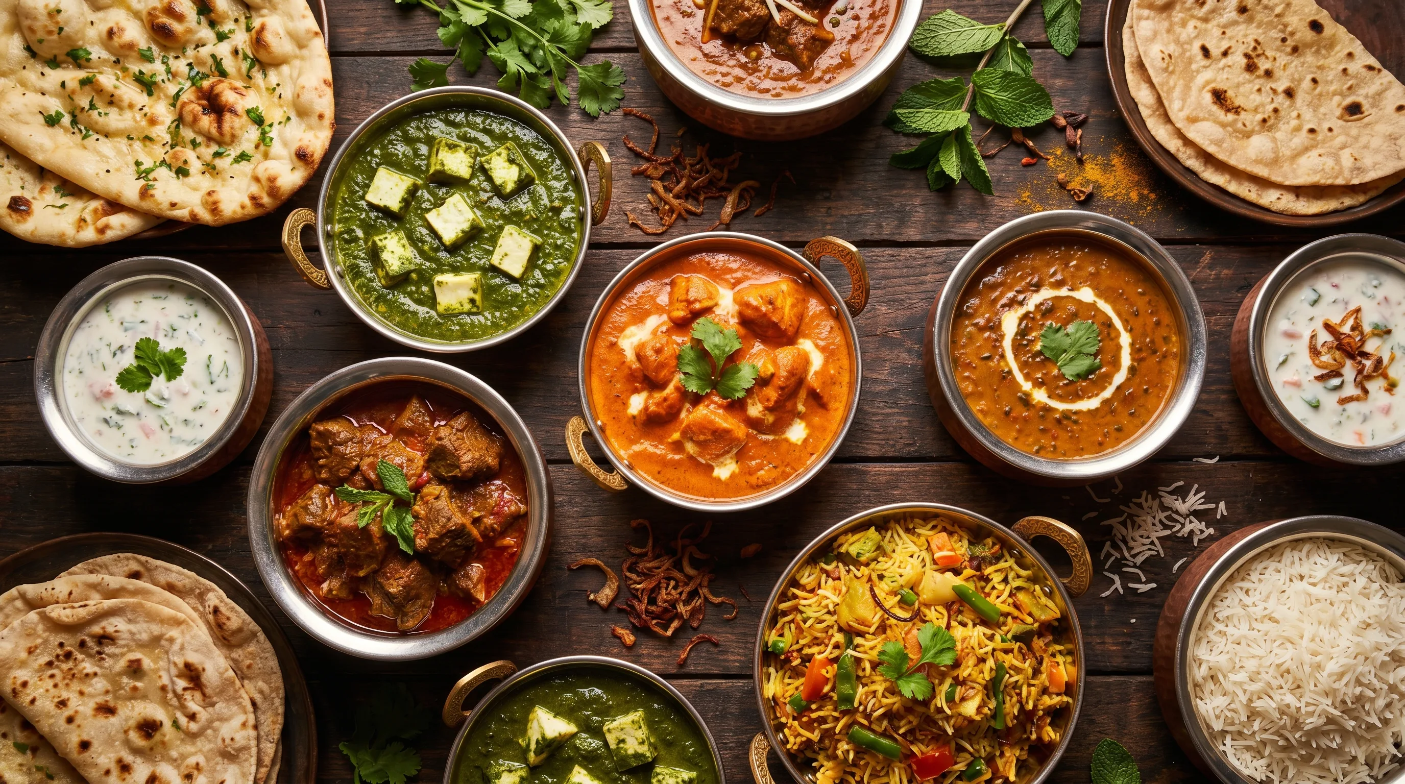Overhead spread of Indian curries, naan and rice