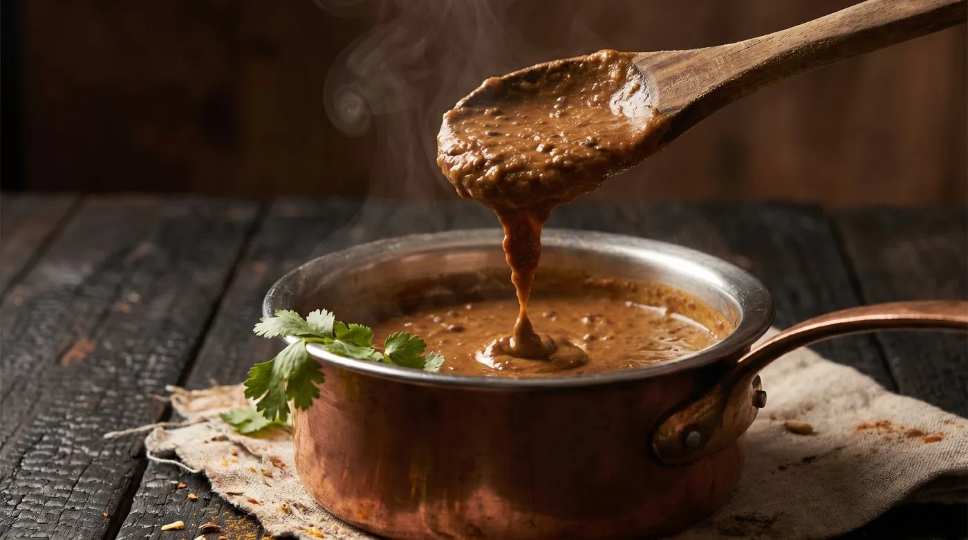 A thick ribbon of slow-cooked Dal Makhani falling from a spoon into a copper pot