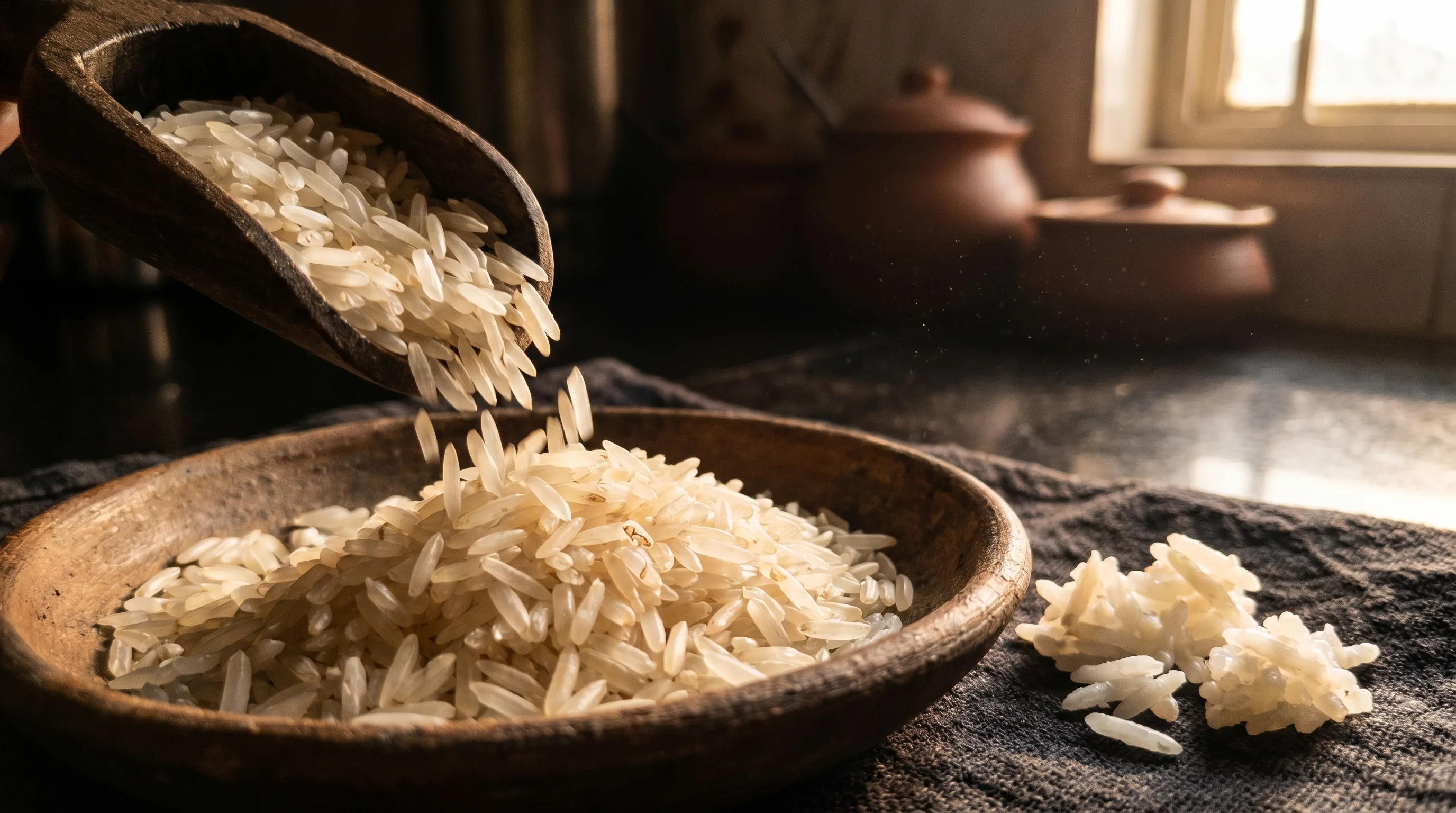 Basmati rice grains poured from a wooden scoop
