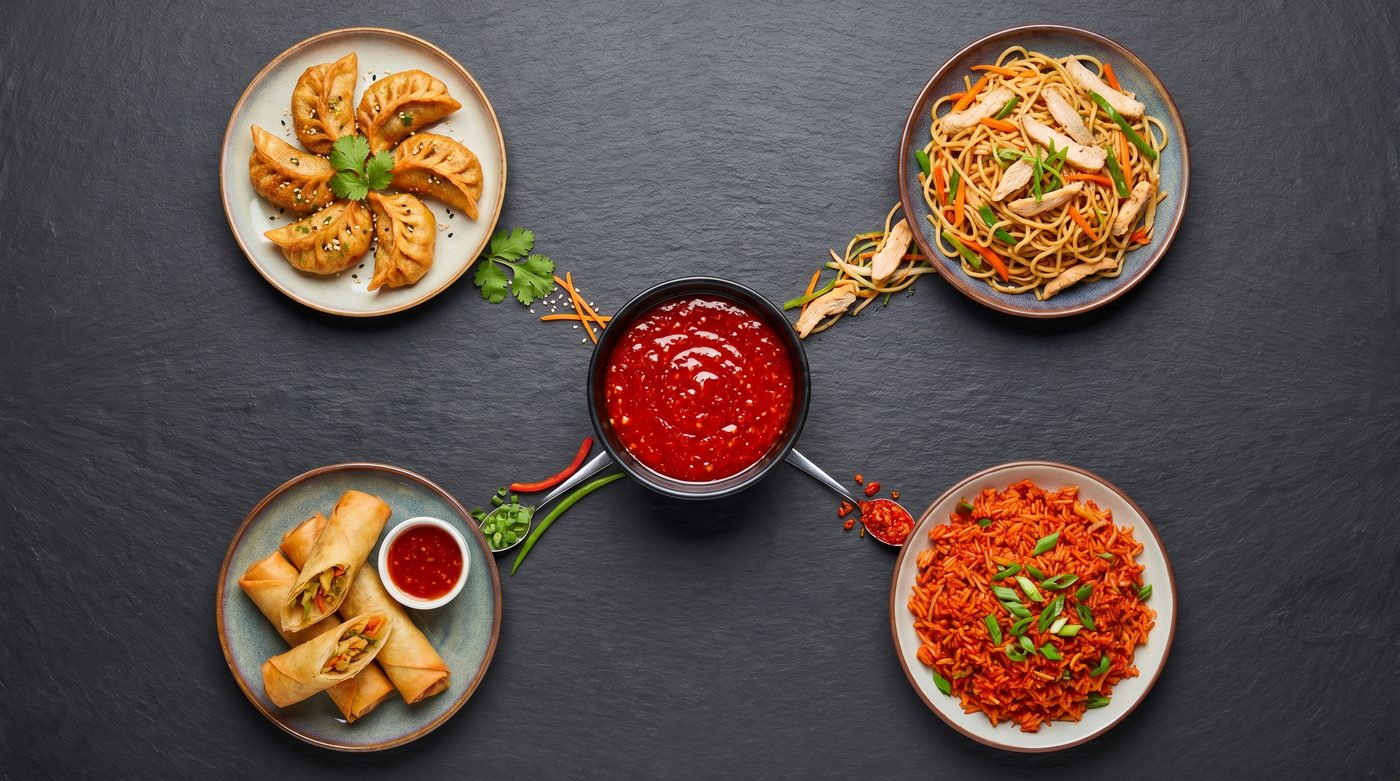 A bowl of Schezwan sauce at the center of momos, noodles, fried rice and spring rolls