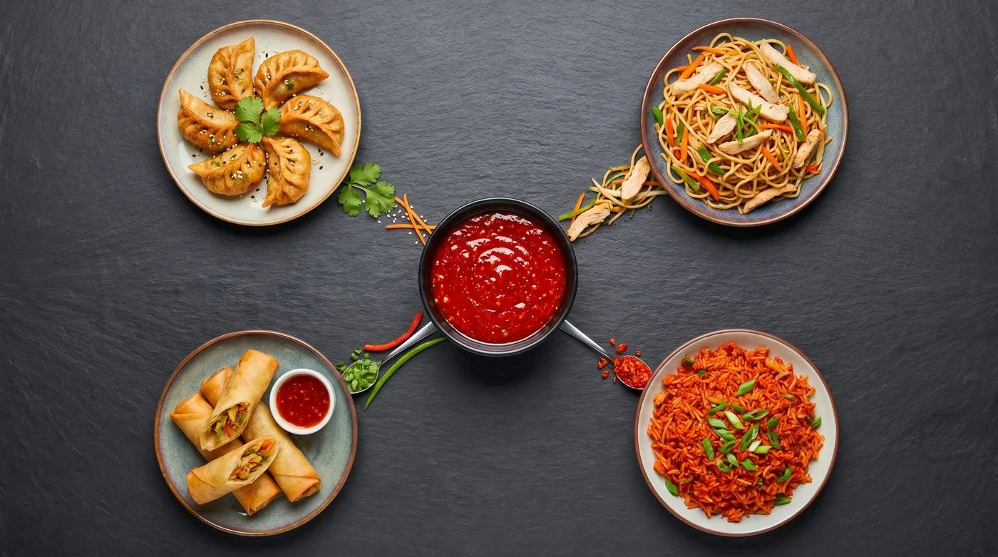 A bowl of Schezwan sauce at the center of momos, noodles, fried rice and spring rolls