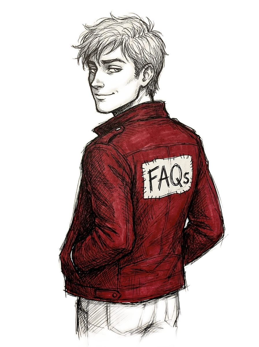 Mascot in a red leather jacket with FAQs stitched on the back