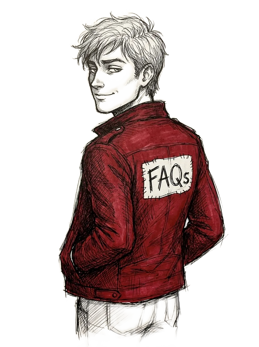 Mascot in a red leather jacket with FAQs stitched on the back