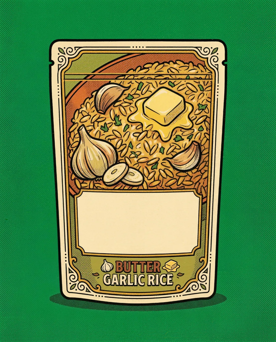 Private-label Butter Garlic Rice pouch mockup with a blank nameplate for your brand