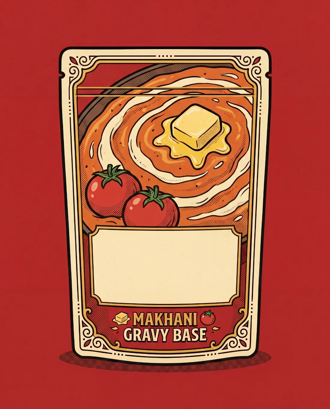 Private-label Makhani Gravy Base pouch mockup with a blank nameplate for your brand